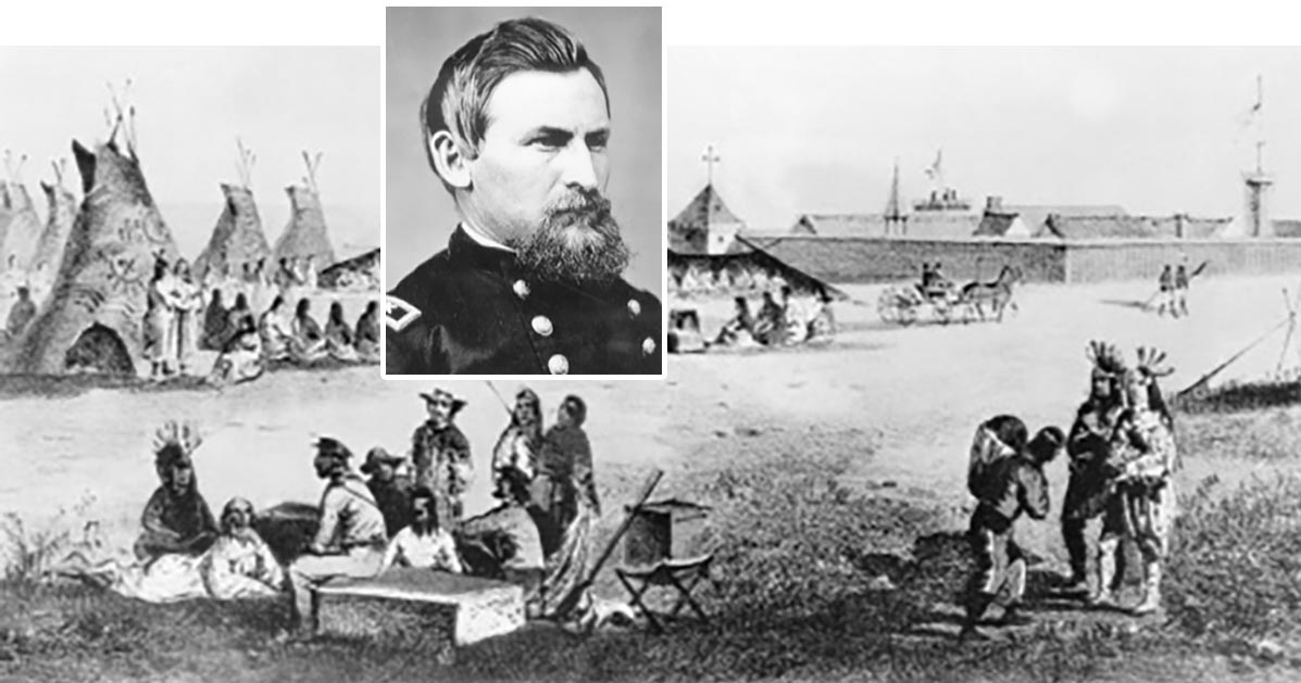 Indians encamped outside a frontier fort. (Inset) Major General George Crook.